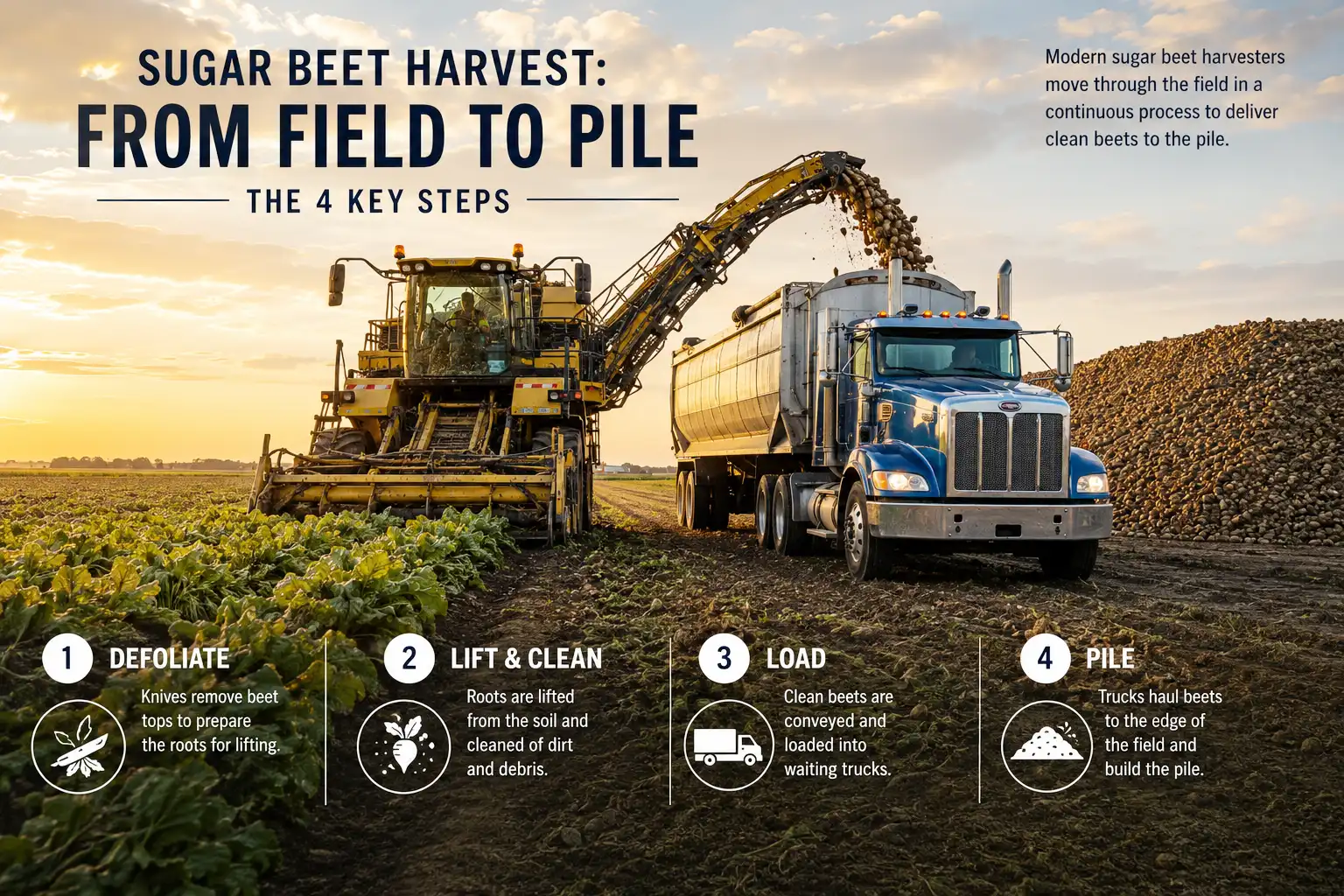 Infographic about how sugar beets are harvested in four steps, defoliate, lift, load, and pile