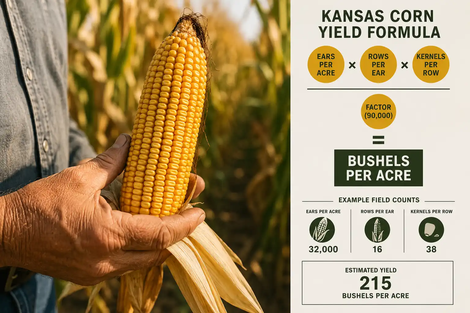 Corn yield by ear formula shown on ear in Kansas field