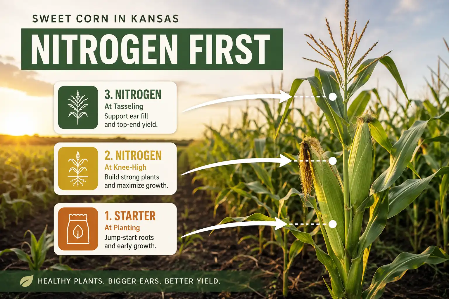 Sweet corn fertilizer schedule at planting knee high and tasseling
