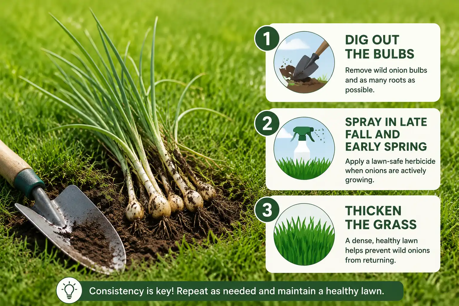 Infographic of how to get rid of wild onions in lawn using digging, herbicide timing, and thick healthy turf