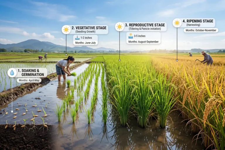 how to grow rice through each stage, from soaked seed to flooded seedlings to golden harvest-ready grain