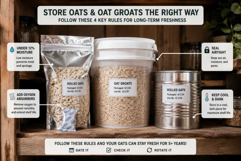 store oats long term with rolled oats and groats in a Mylar bag, food-grade bucket, and number ten can, labeled for low moisture, oxygen absorbers, and cool dark storage