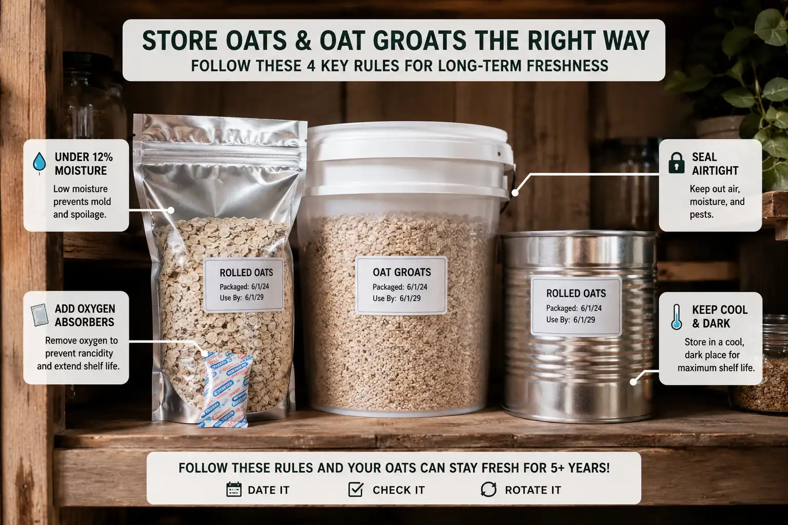 store oats long term with rolled oats and groats in a Mylar bag, food-grade bucket, and number ten can, labeled for low moisture, oxygen absorbers, and cool dark storage