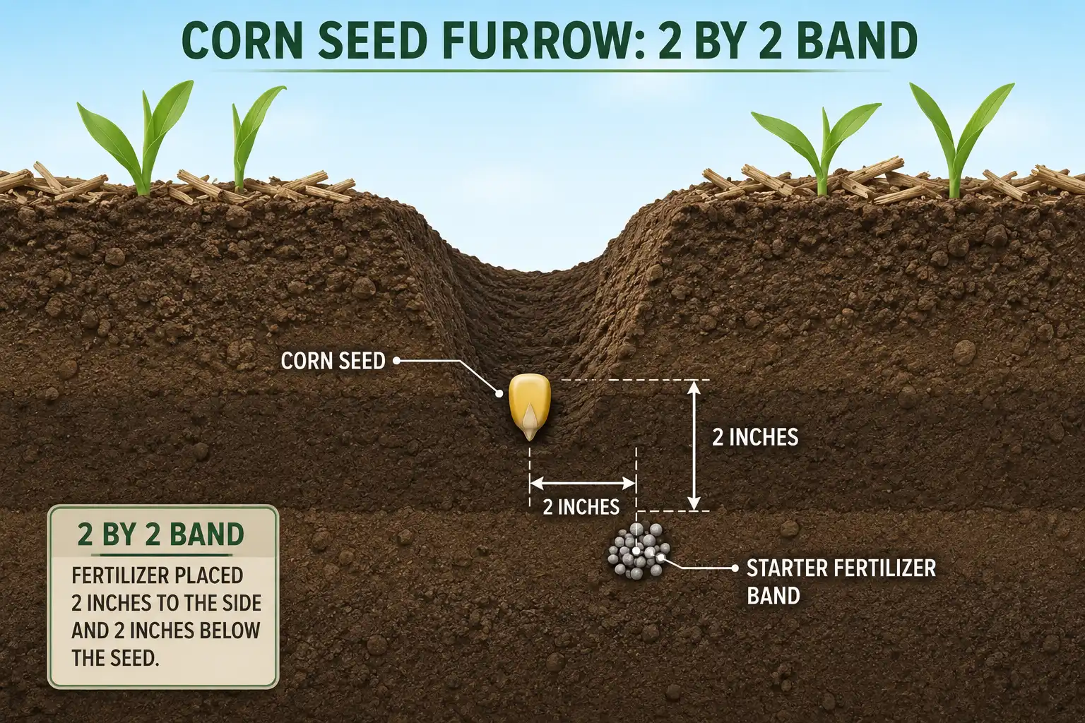 Diagram of how to apply 11-52-0 fertilizer in a 2 by 2 starter band beside and below the seed