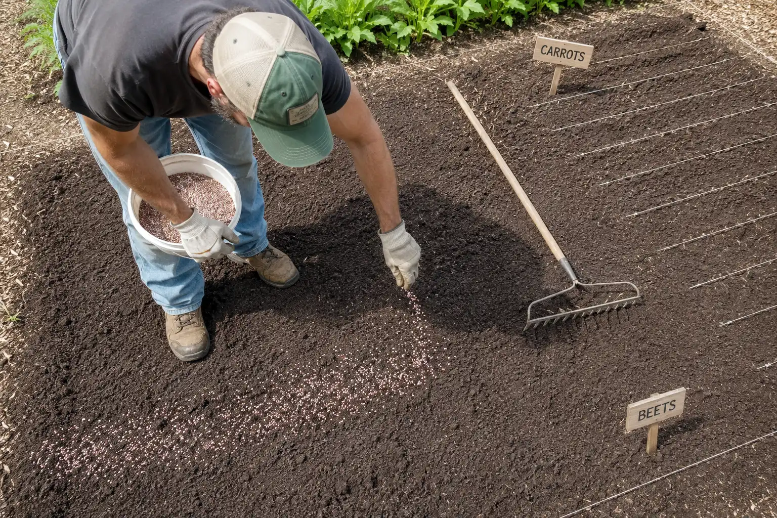 Working granular 5-10-10 fertilizer into a garden bed before planting root crops