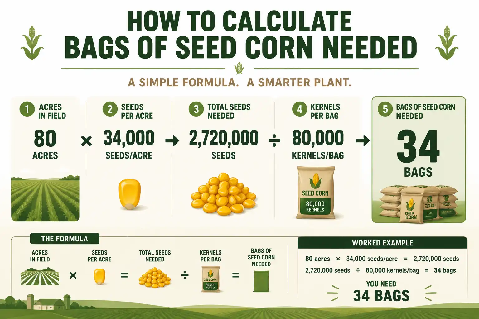 Infographic calculating bags of seed corn needed for 80 acres, showing 34 bags at 34,000 seeds per acre