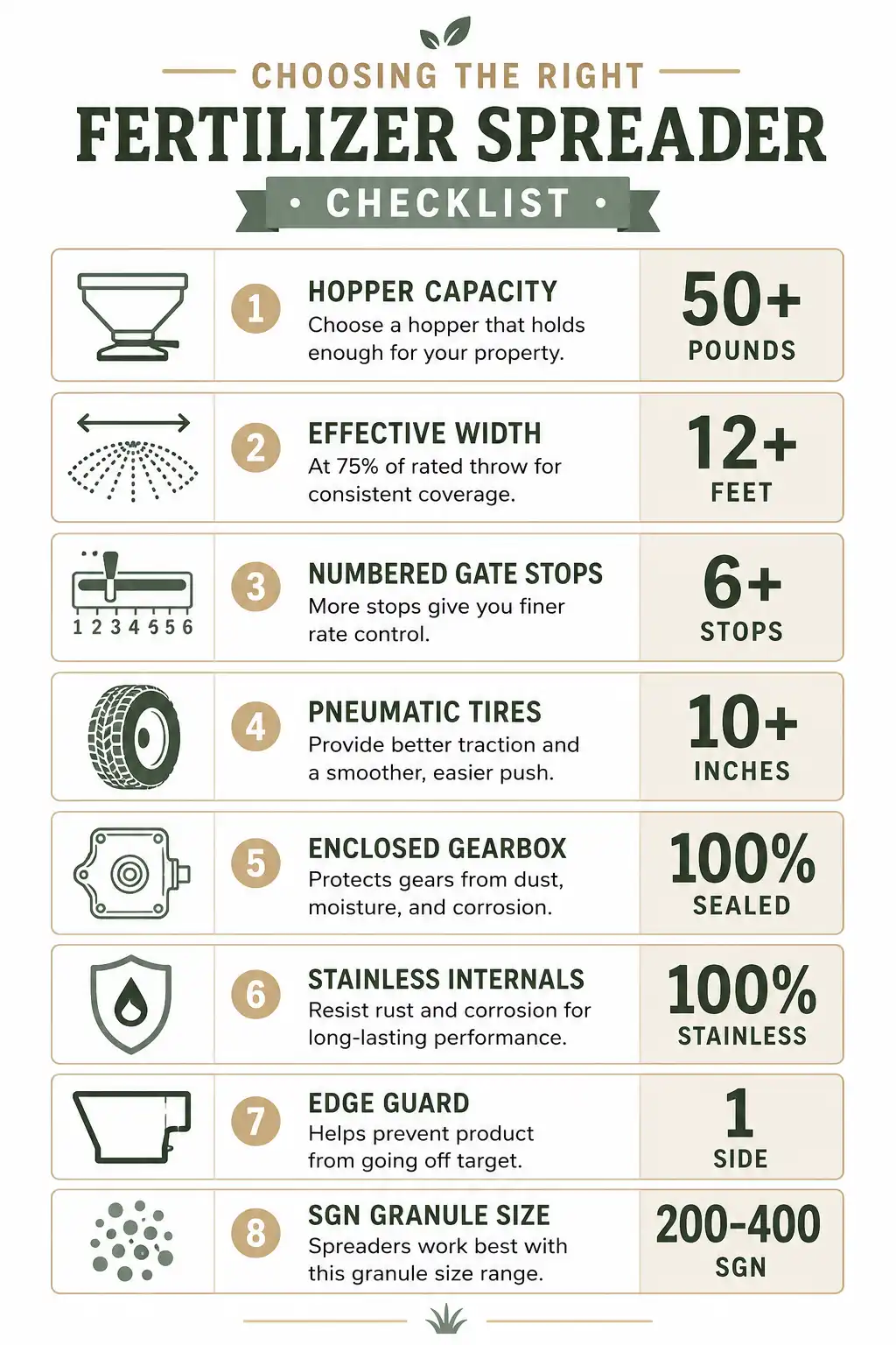 Checklist of how to choose a fertilizer spreader by hopper capacity, spread width, gearbox, and granule size
