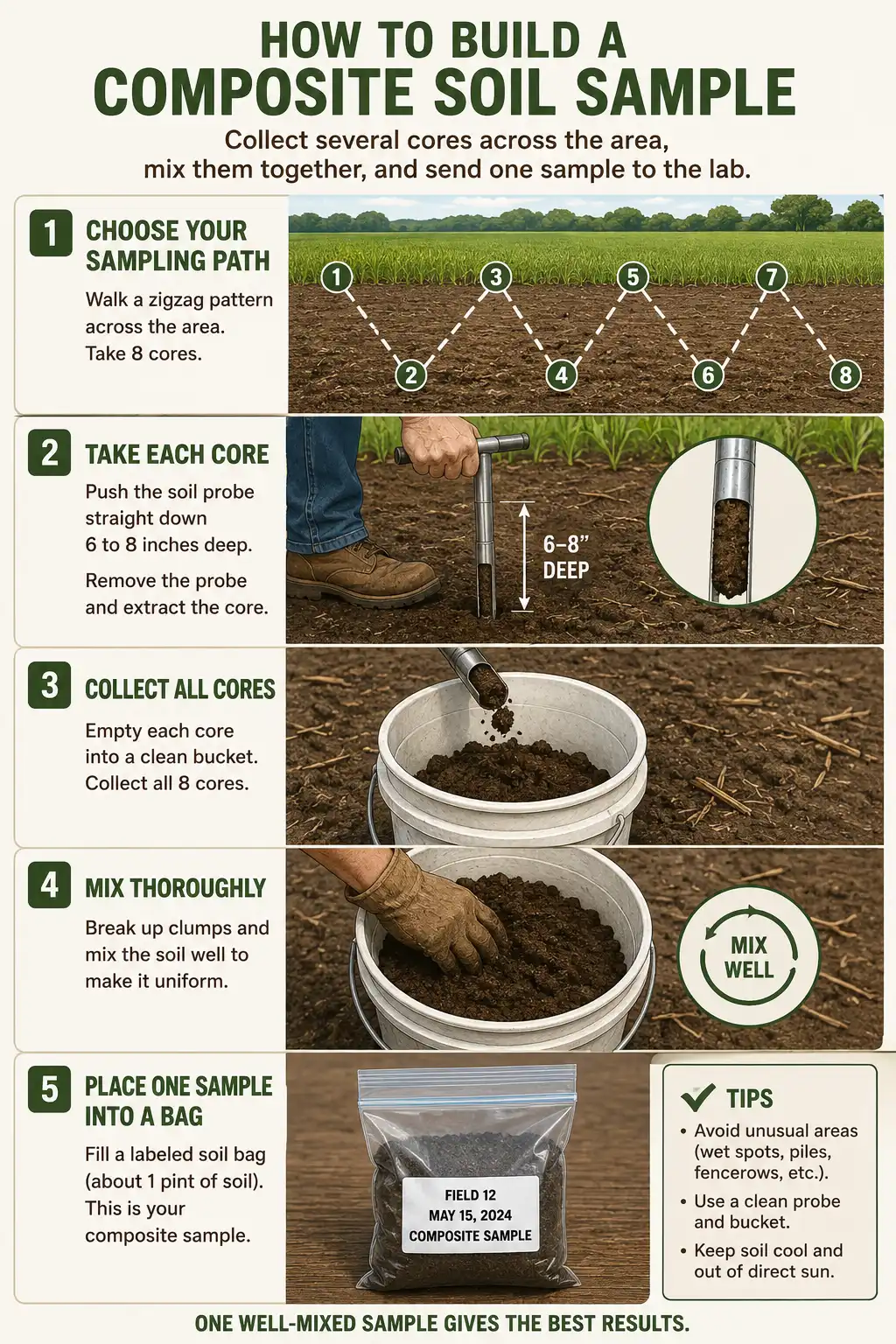 Diagram of how to pull soil cores 6 to 8 inches deep from several spots and mix them into one composite sample for a soil test kit