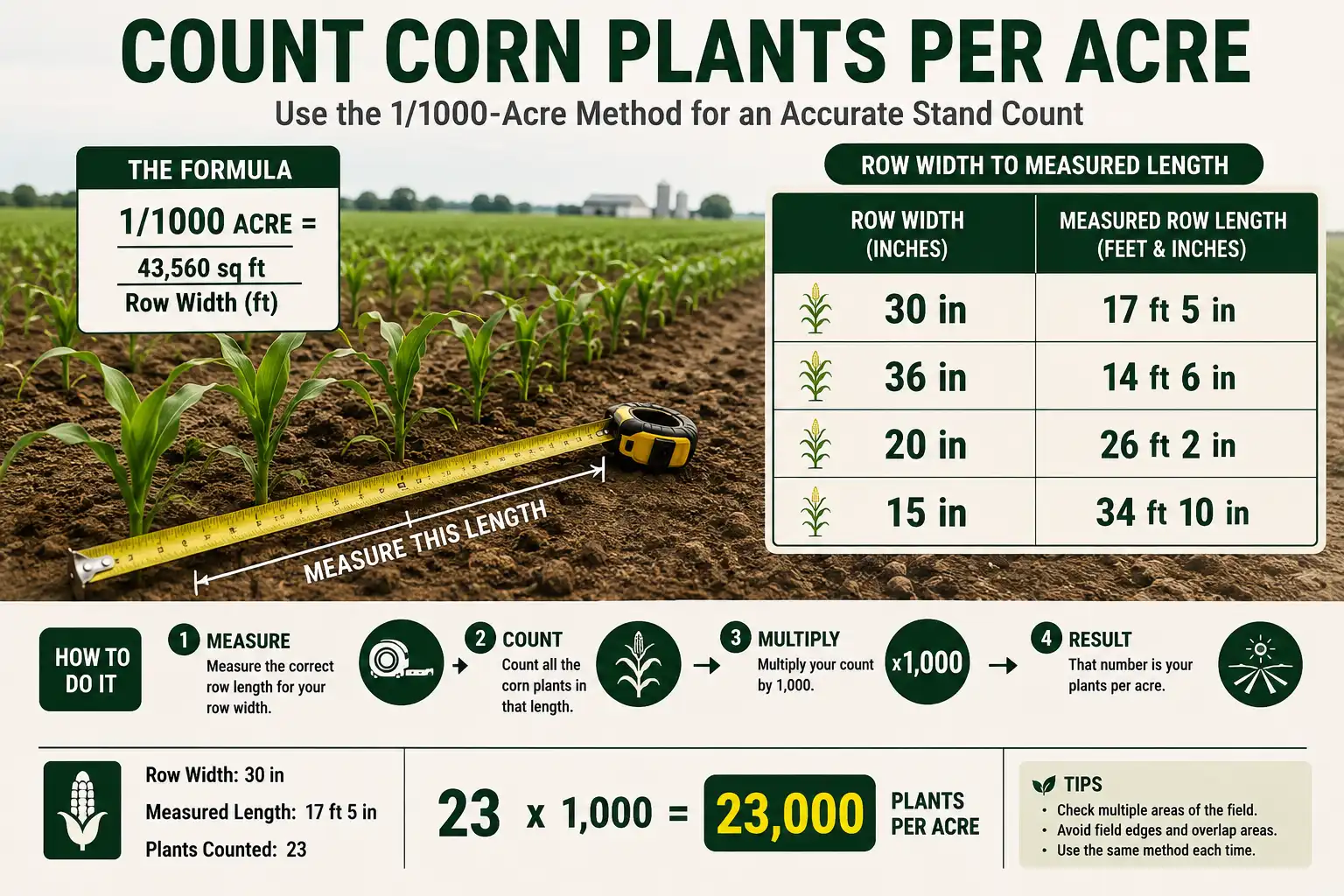 Infographic of the 1/1000-acre method to count corn plants per acre with row width and row length chart