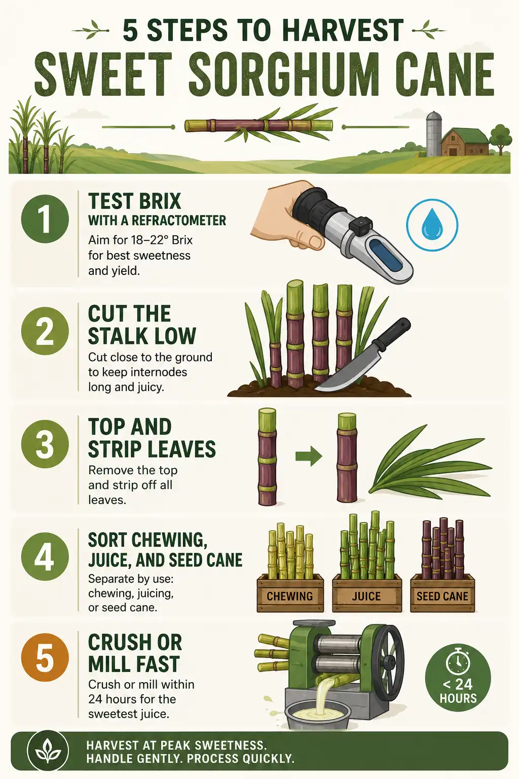 Five step infographic for harvesting sugarcane, from testing Brix and cutting low to topping, sorting, and crushing the cane fast.