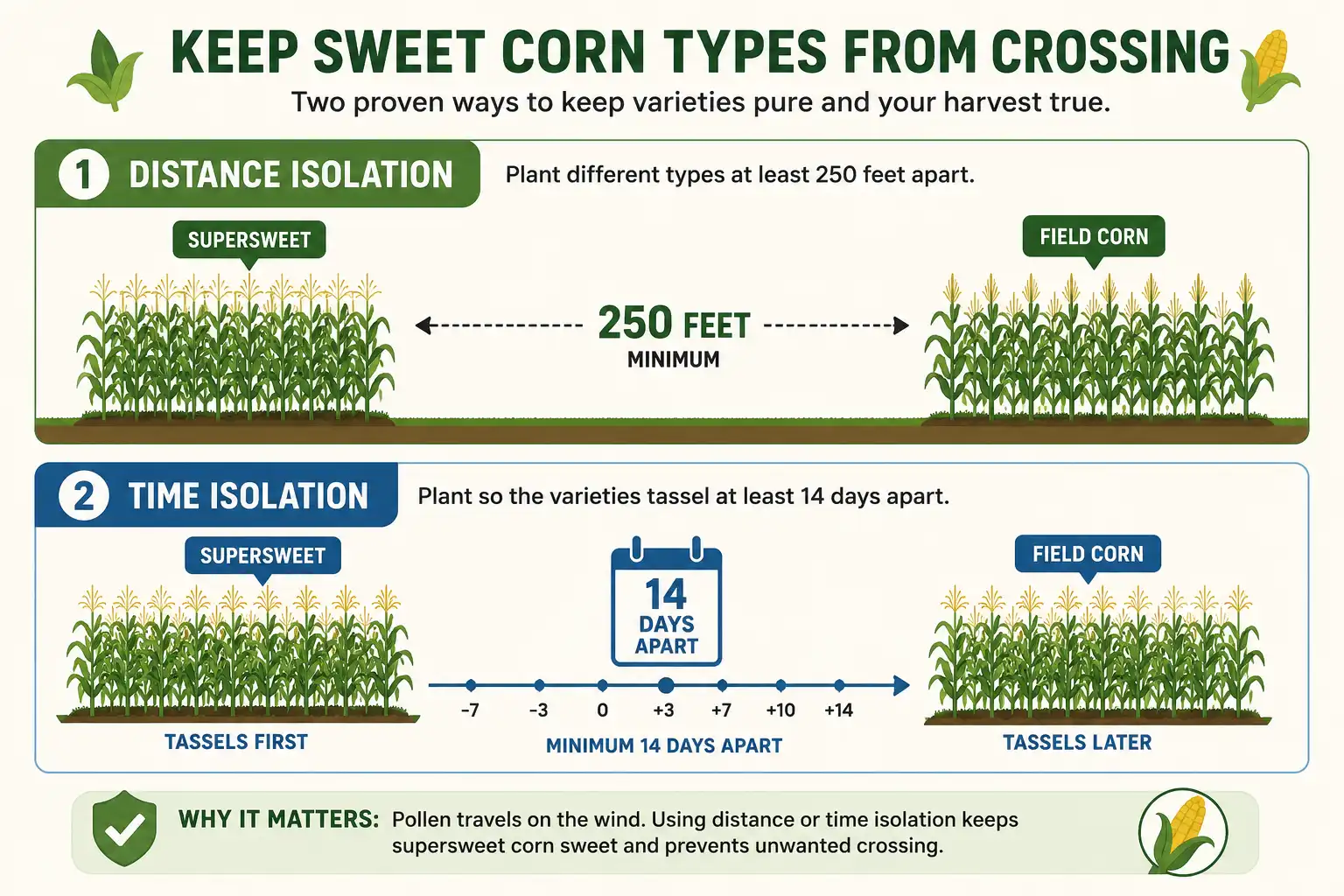 Infographic about sweet corn isolation by 250 feet of distance or a 14 day difference in tasseling to protect supersweet flavor