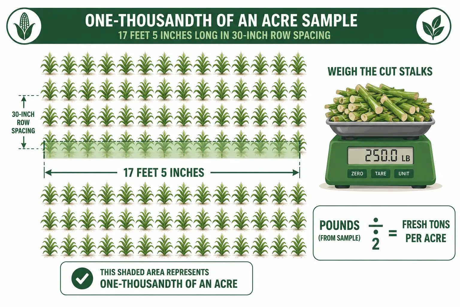 Diagram of how to weigh a measured corn row to estimate silage tons per acre