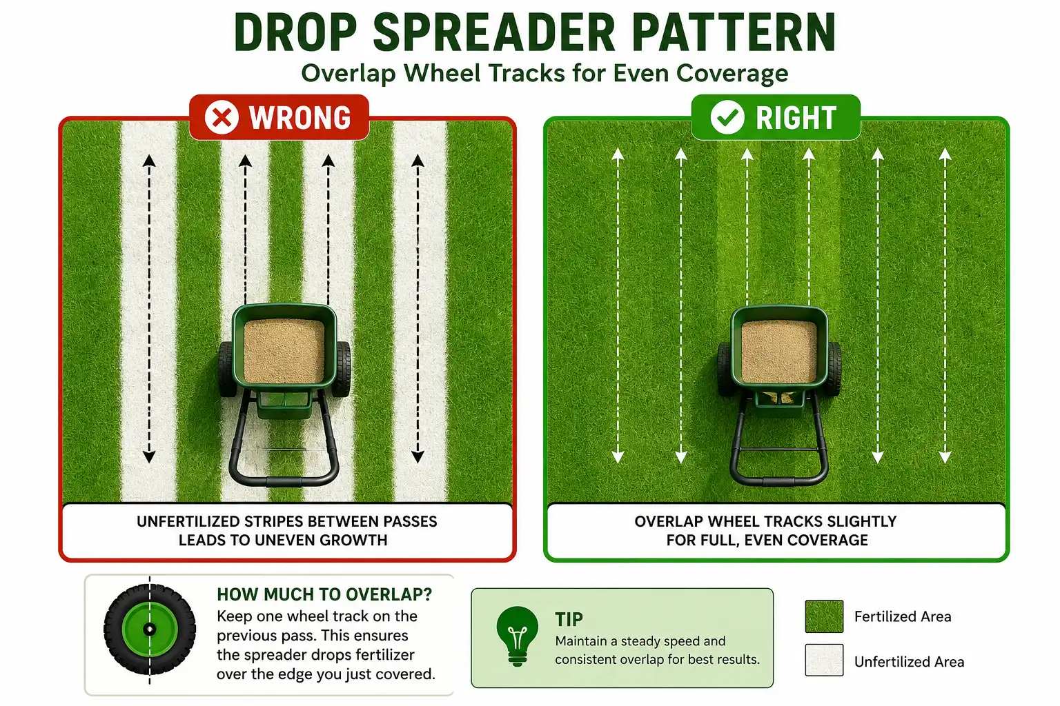 Diagram of overlapping drop spreader wheel tracks for even coverage versus skipped fertilizer stripes