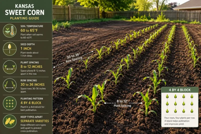 Infographic on how to plant sweet corn about a four-row block with 60 to 65 degree soil, 1 inch seed depth, and 8 to 12 inch spacing