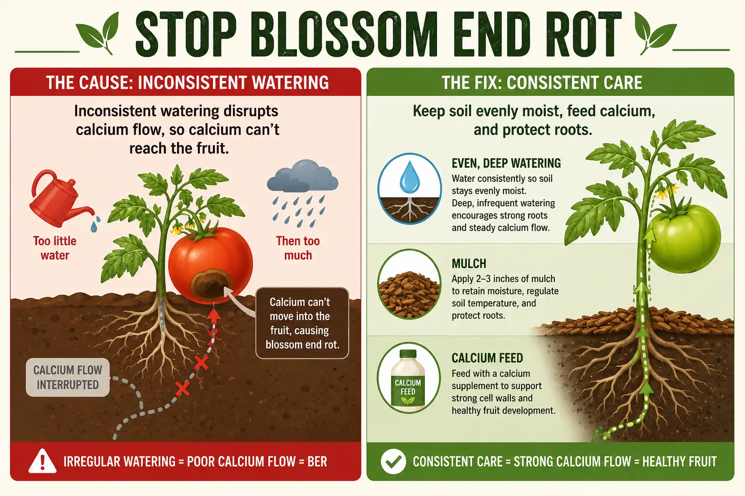 Infographic of how to prevent blossom end rot in tomatoes with even watering, mulch, and calcium
