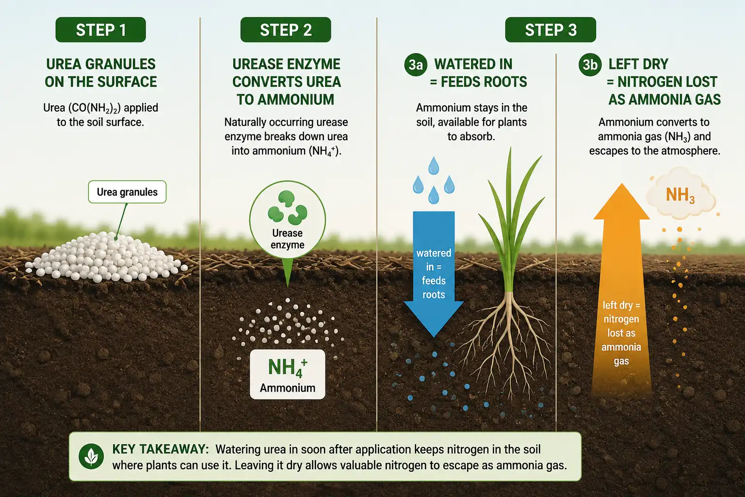 Diagram of how 46-0-0 fertilizer urea converts to ammonium and how nitrogen escapes as ammonia gas when it is not watered in
