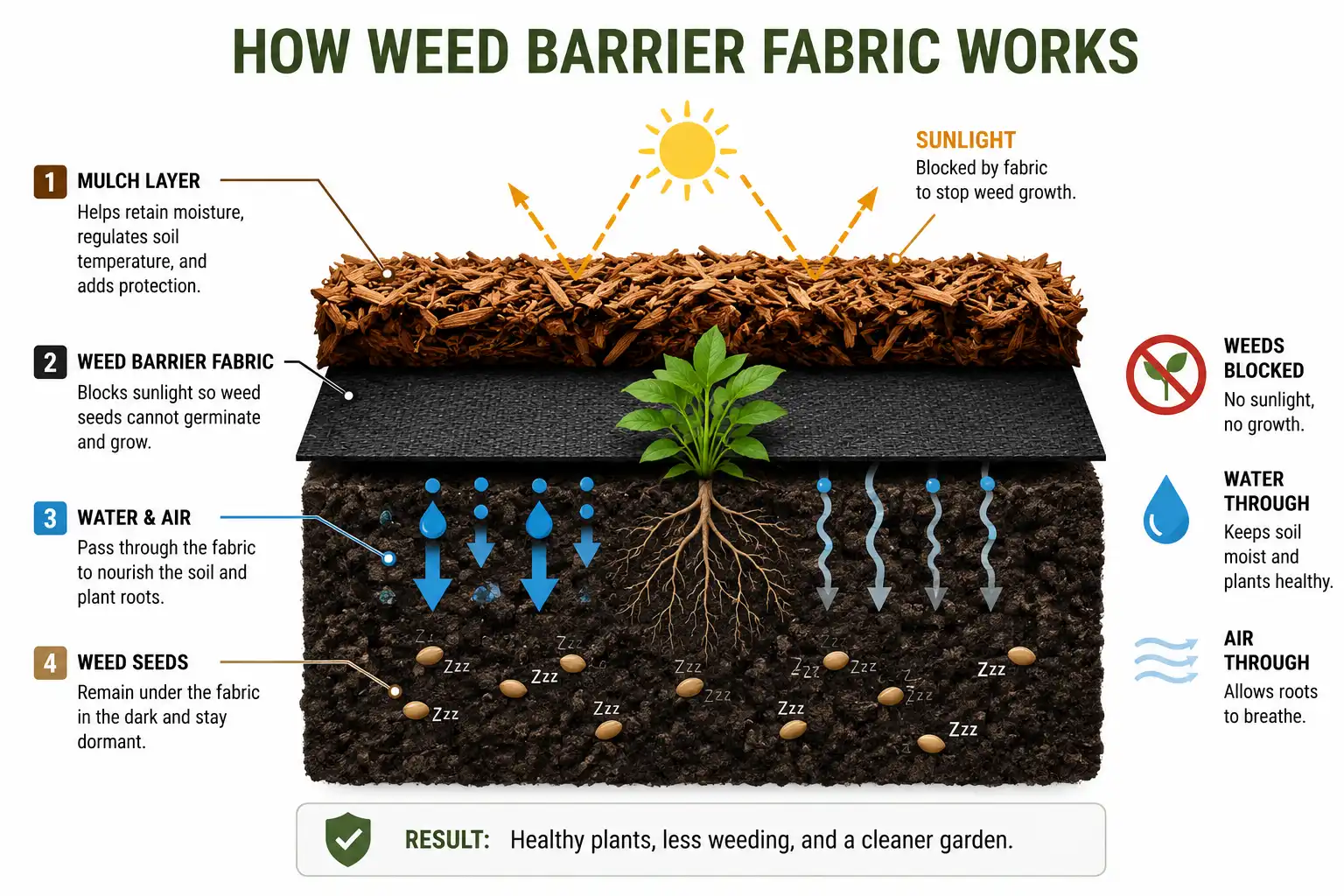 How weed barrier fabric works, blocking sunlight while water and air pass through to stop weeds