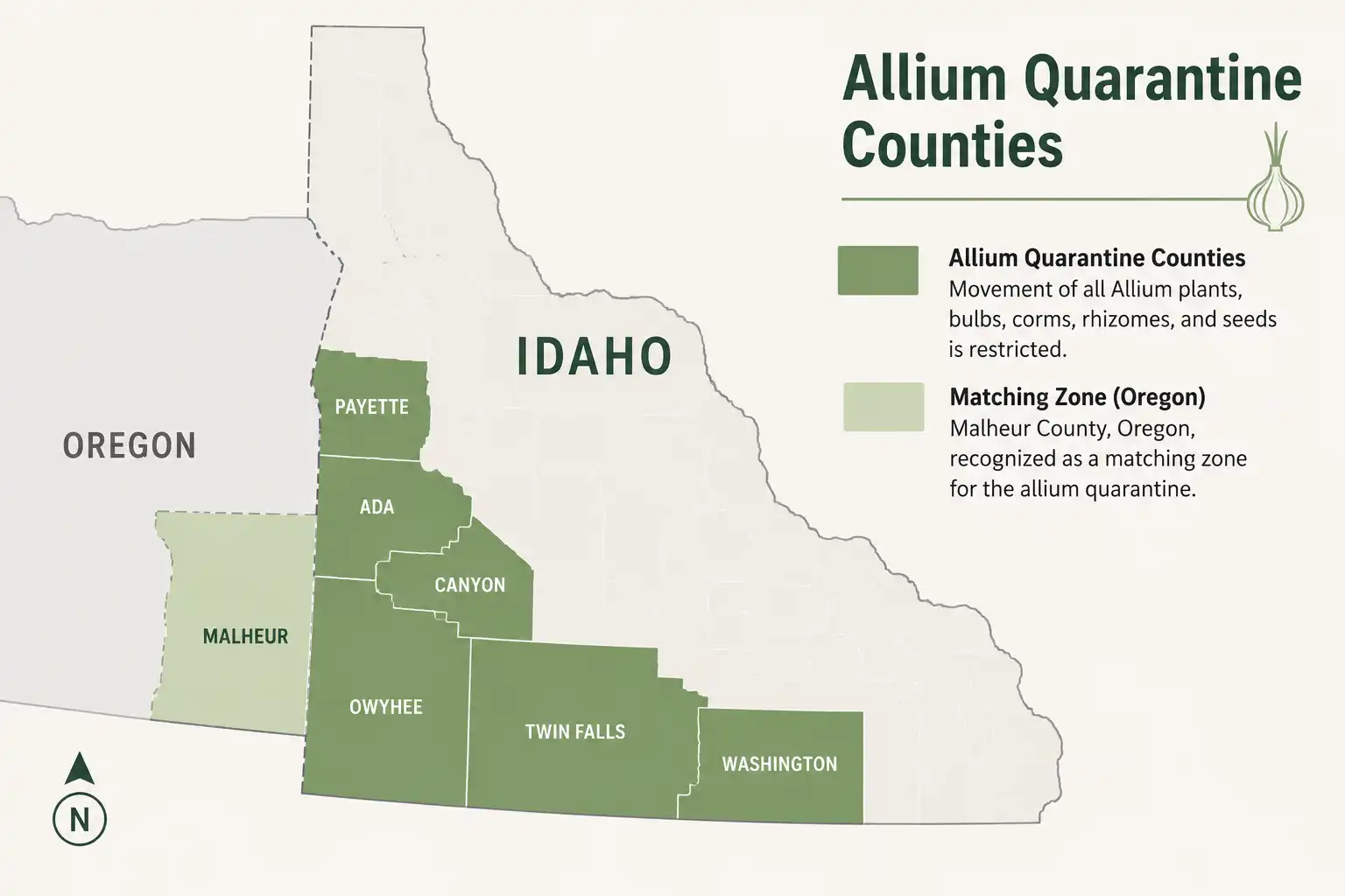 Map of the Idaho counties in the onion allium quarantine zone plus Malheur County Oregon where planting green onions from bulbs is restricted