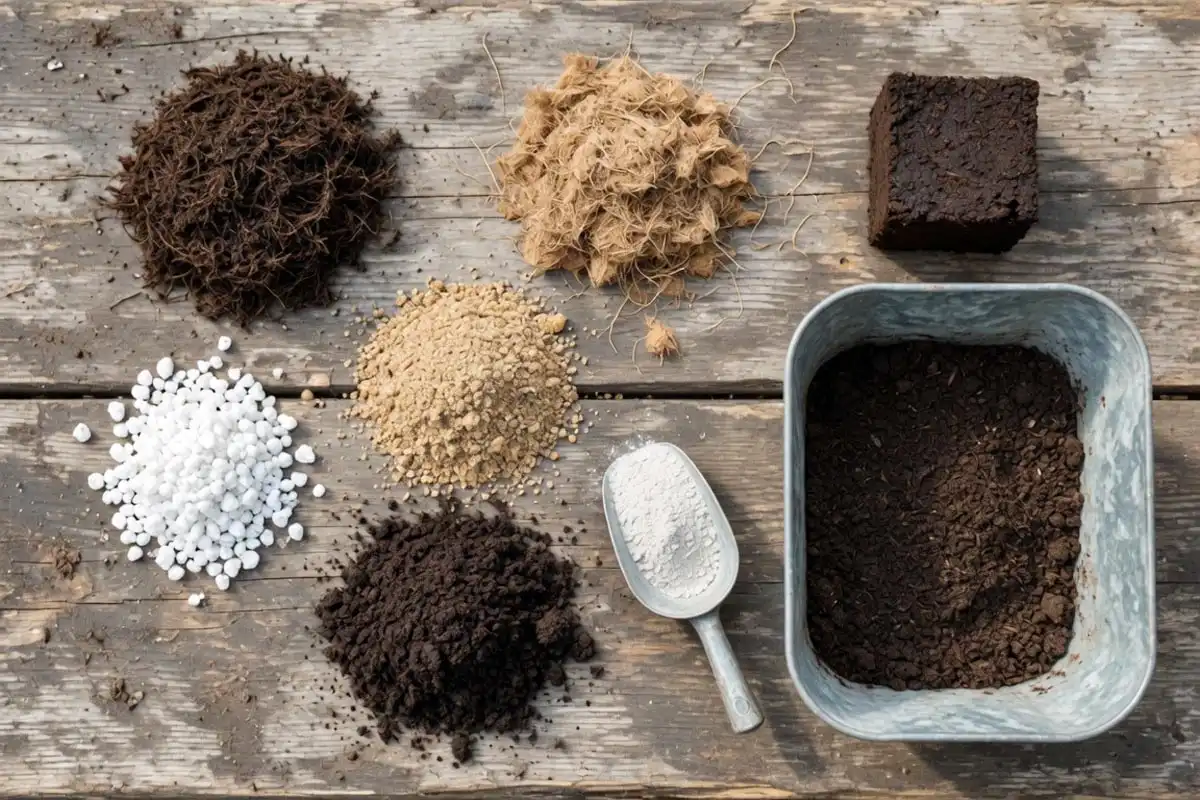 Peat moss, coco coir, perlite, sand, compost, and lime measured out for a soil blocker mix