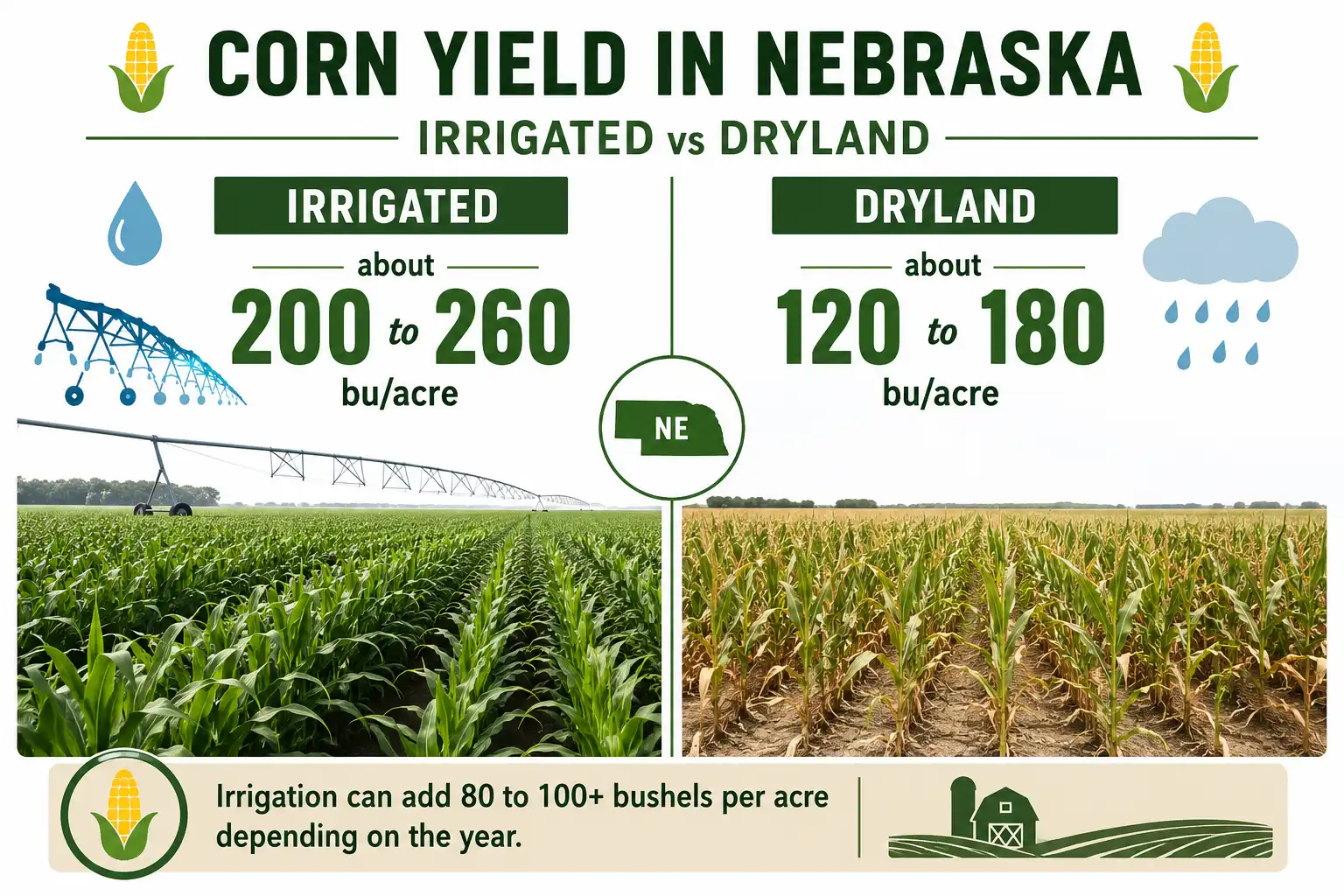 Comparison infographic of irrigated and dryland corn yield per acre in Nebraska showing the wide gap between the two systems