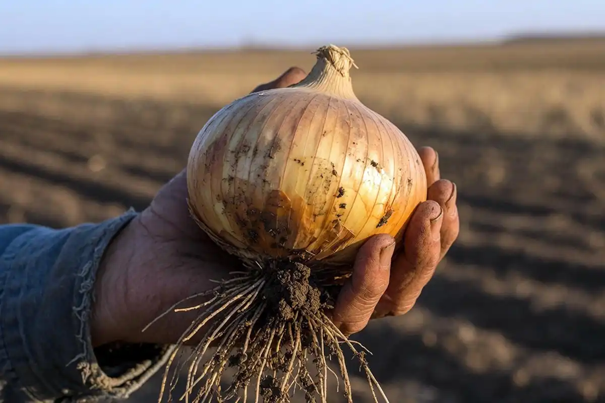 Large candy onion held in a hand at harvest of the jumbo size the variety reaches
