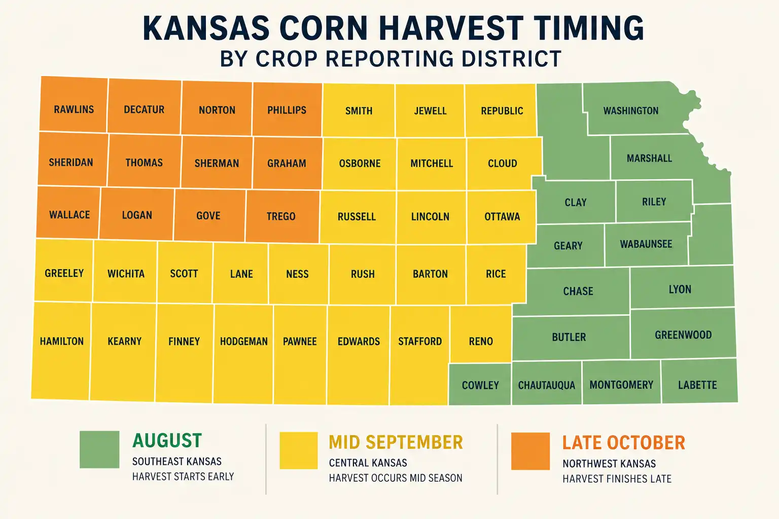 Map of Kansas corn harvest timing by region with southeast starting in August and northwest finishing in late October