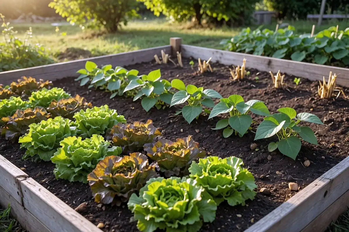 Fall lettuce and bush beans growing in a raised bed after sweet corn, good crops to plant after corn in a garden