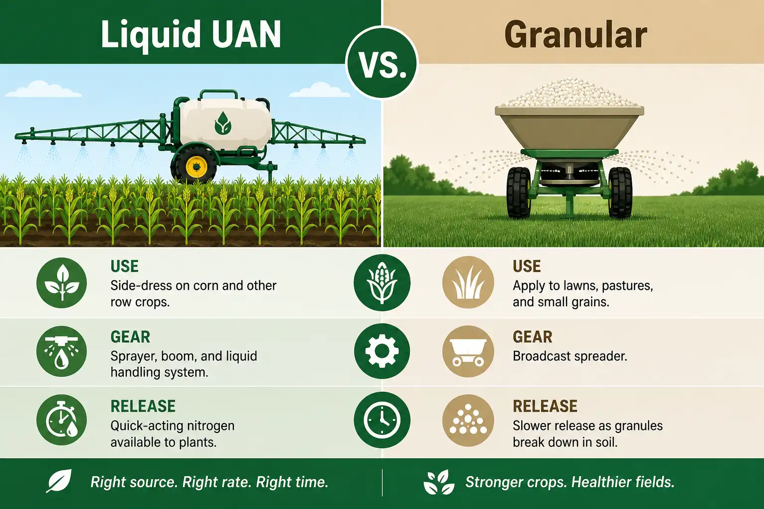 Comparison of liquid UAN and granular 32-0-0 fertilizer of best uses, gear, and nitrogen release