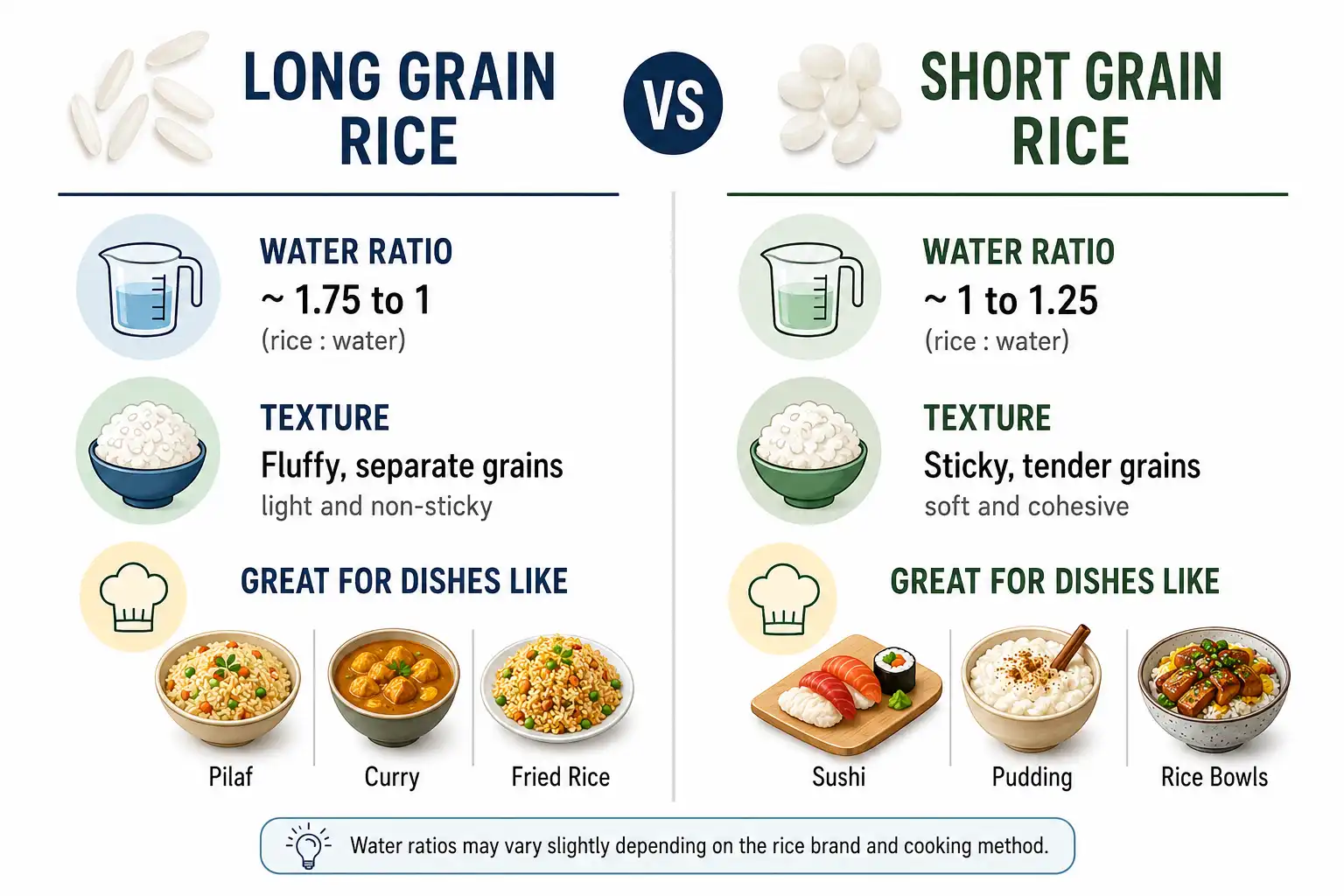 Infographic comparing cooking water ratios and best dishes for long grain and short grain rice