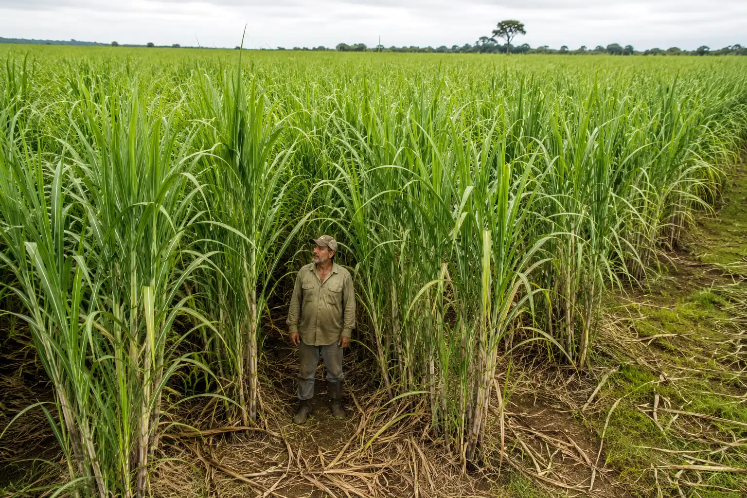 Louisiana sugarcane field where stalks reach about 9 feet, taller than the farmer standing among the rows.