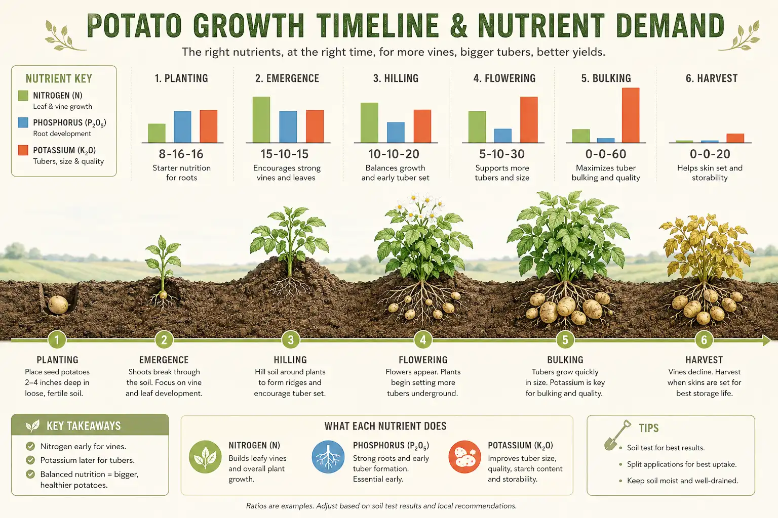 Infographic matching NPK ratios to potato growth stages, the low nitrogen and high potassium blends that size tubers during bulking