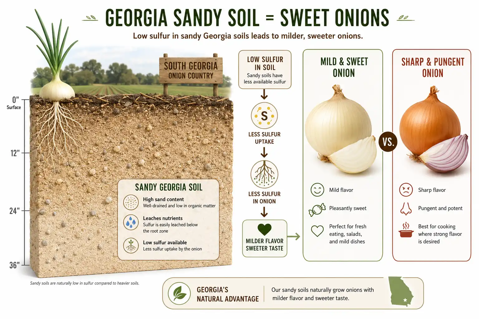 Infographic of how low-sulfur sandy soil in Georgia produces sweet mild Vidalia onions