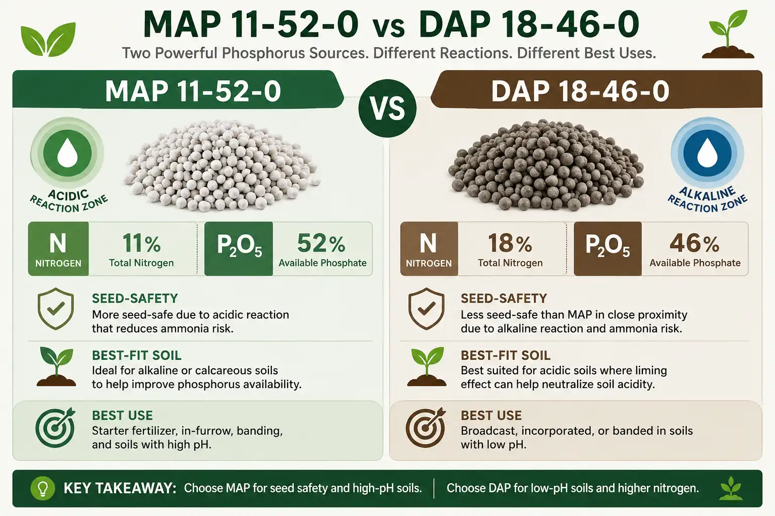 Comparison chart of 11-52-0 MAP and 18-46-0 DAP of nutrients, reaction zone, and seed safety