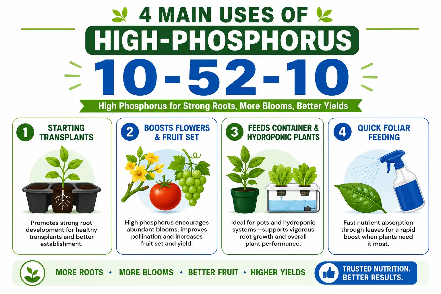 Infographic of the main uses of 10-52-10 fertilizer including transplants, flowering, containers, and foliar feeding