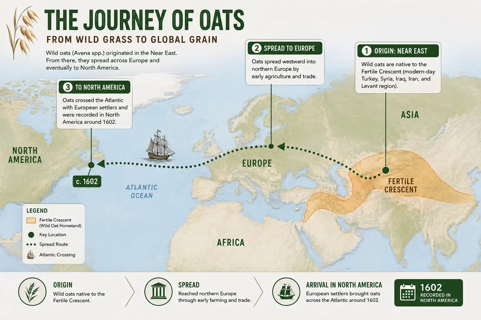Map of where oats originally came from, from the Fertile Crescent to Europe and North America
