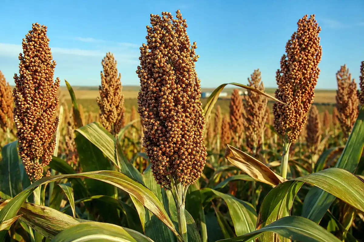 Reddish-brown grain sorghum panicles, the crop most often mistaken for corn, standing in a Kansas field