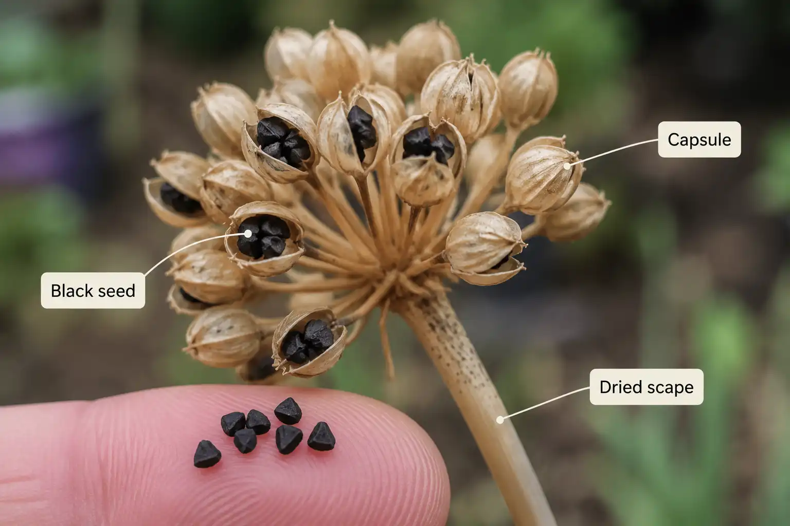 Mature onion seed head with split capsules and black seeds ready for harvest
