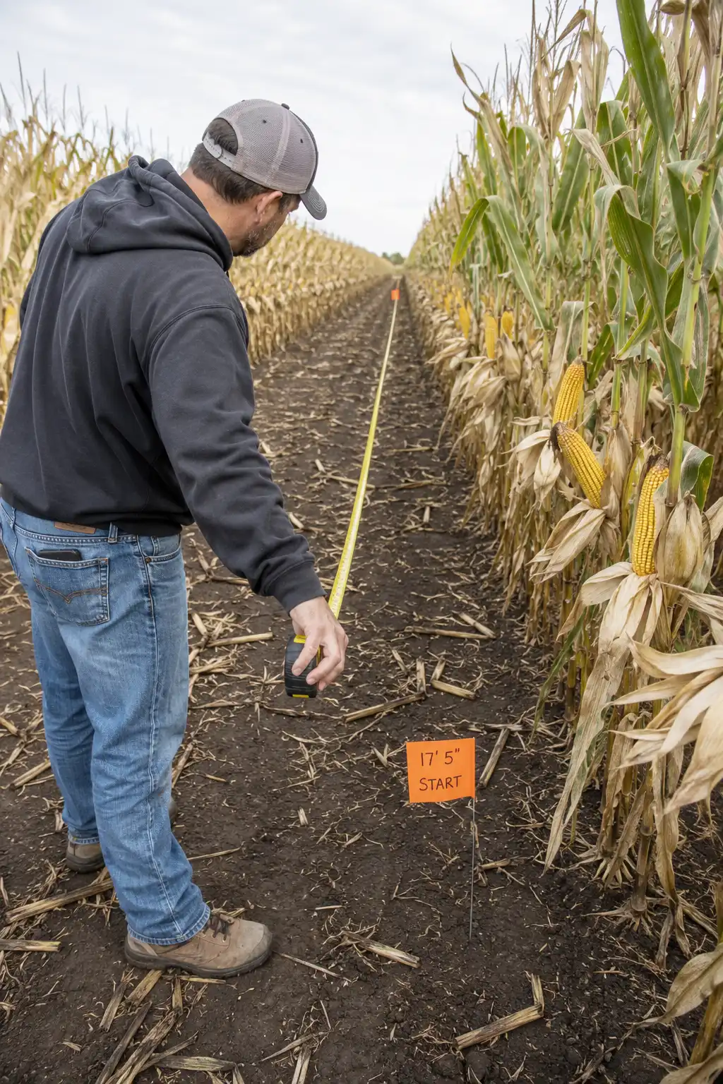 Farmer measuring 17 feet 5 inches of a 30-inch row to count ears in one thousandth of an acre