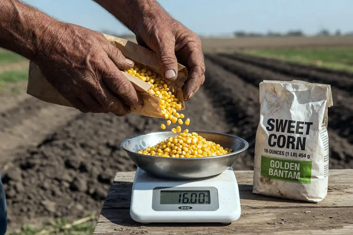 Measuring sweet corn seed by the ounce to plant 100 feet of row, about 3 to 4 ounces