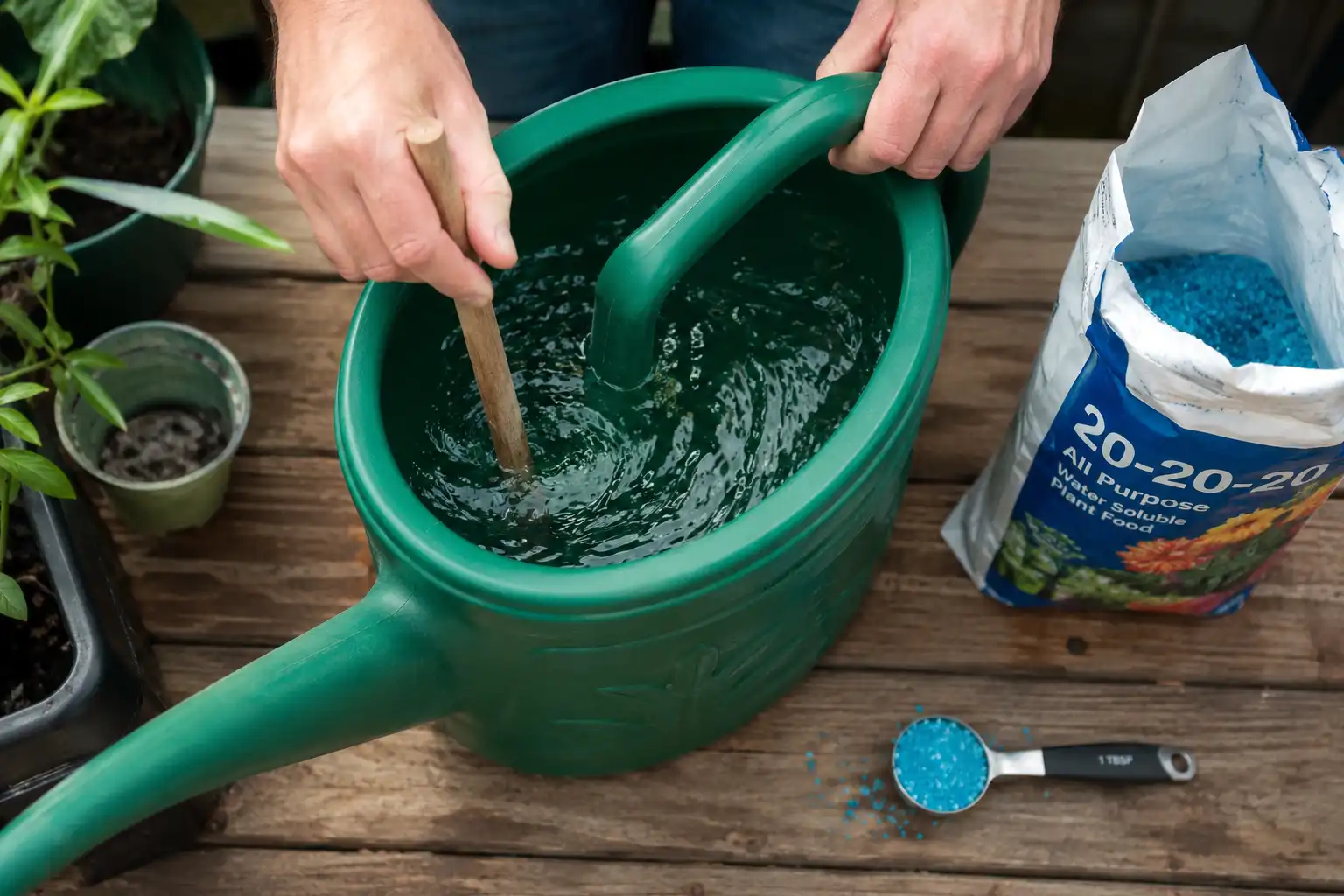 Gardener dissolving blue 20-20-20 fertilizer powder into a watering can at one tablespoon per gallon