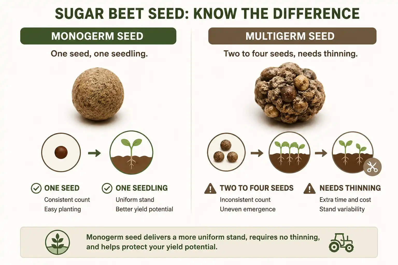 Comparison of monogerm pelleted sugar beet seed and multigerm seed ball about why monogerm needs no thinning