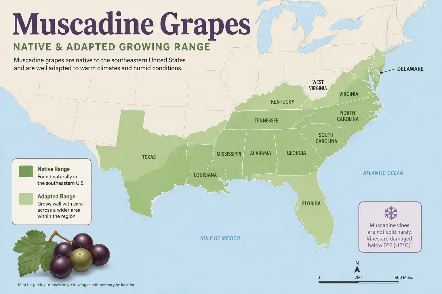 US map showing where muscadine grapes grow, shaded across the southeastern states from Delaware to Texas