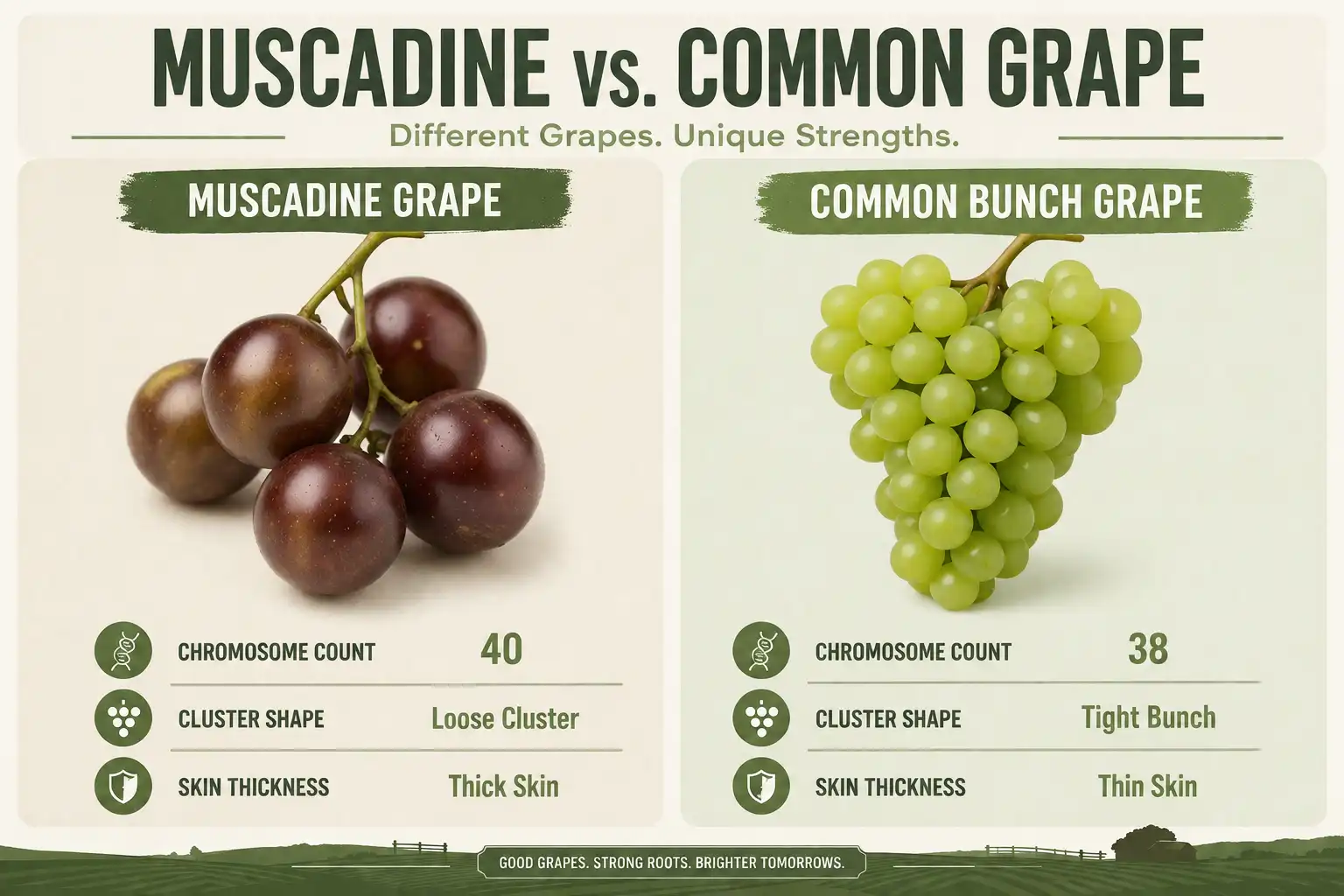 Infographic comparing muscadine grapes and bunch grapes by cluster size, skin thickness, and chromosome count