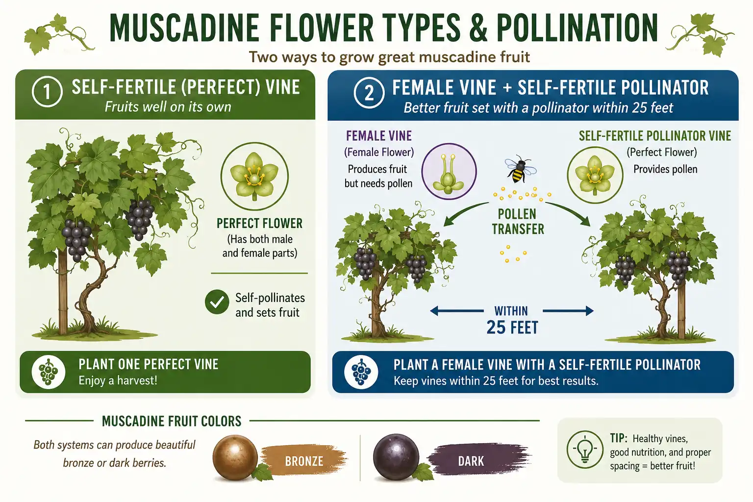 Chart comparing self-fertile and female muscadine varieties and how to pair them for good pollination