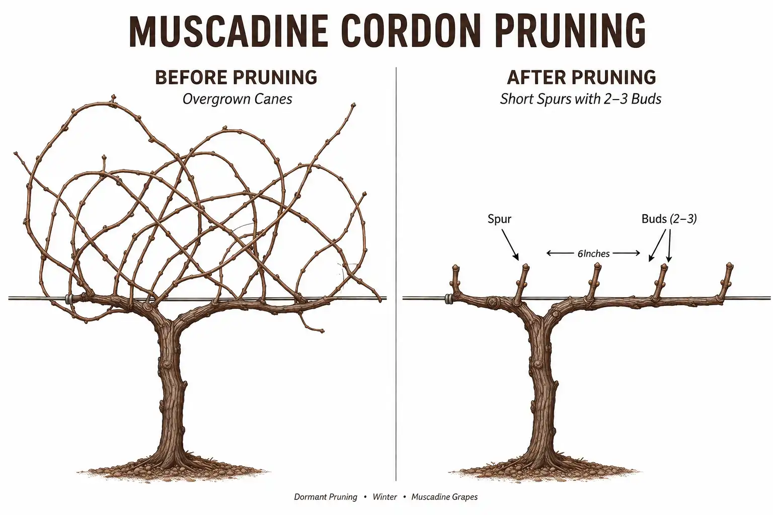 Before-and-after diagram of muscadine winter pruning about canes cut back to short 2 to 3 bud spurs