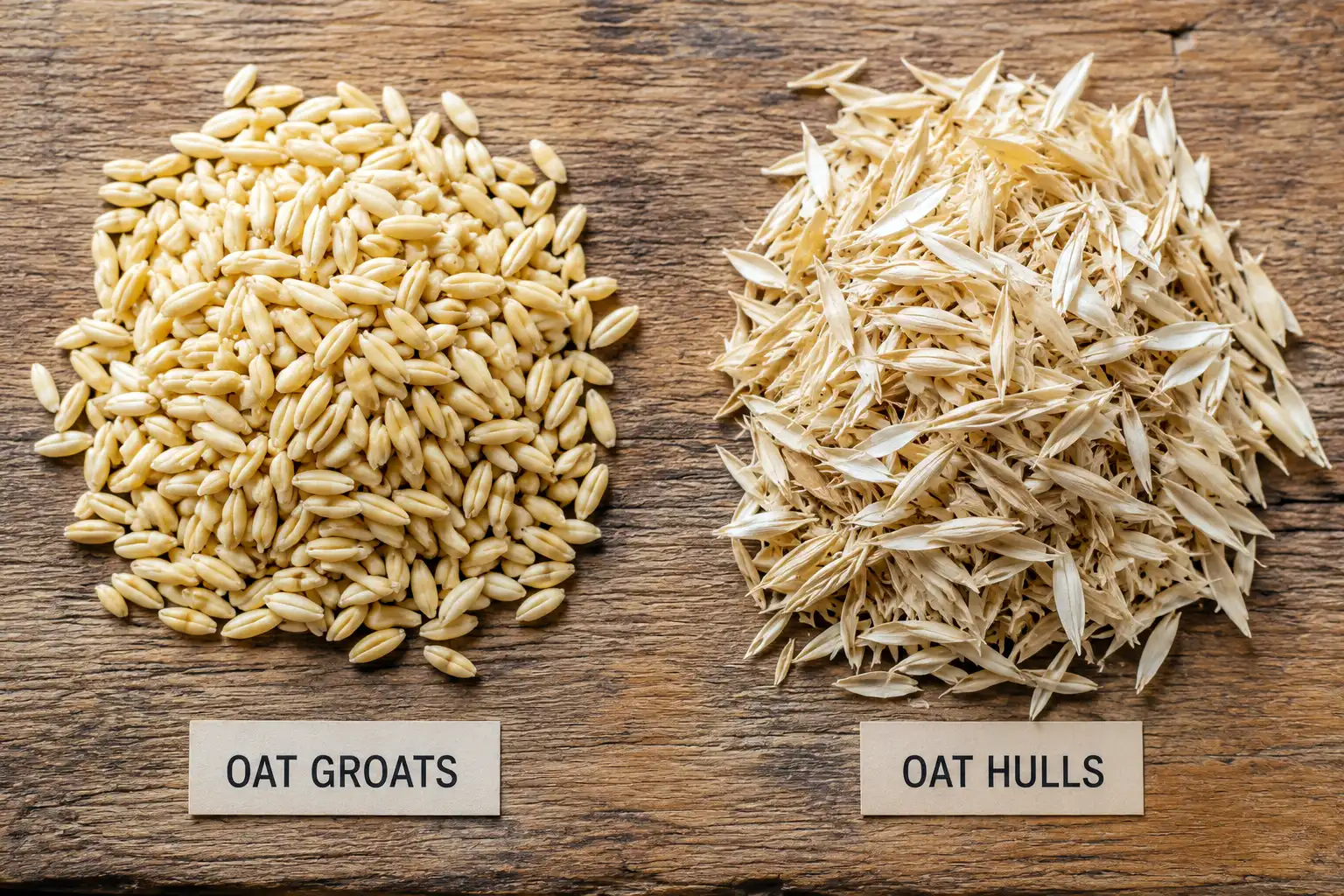 Dehulled oat groats separated from the papery hulls removed during the oat milling process
