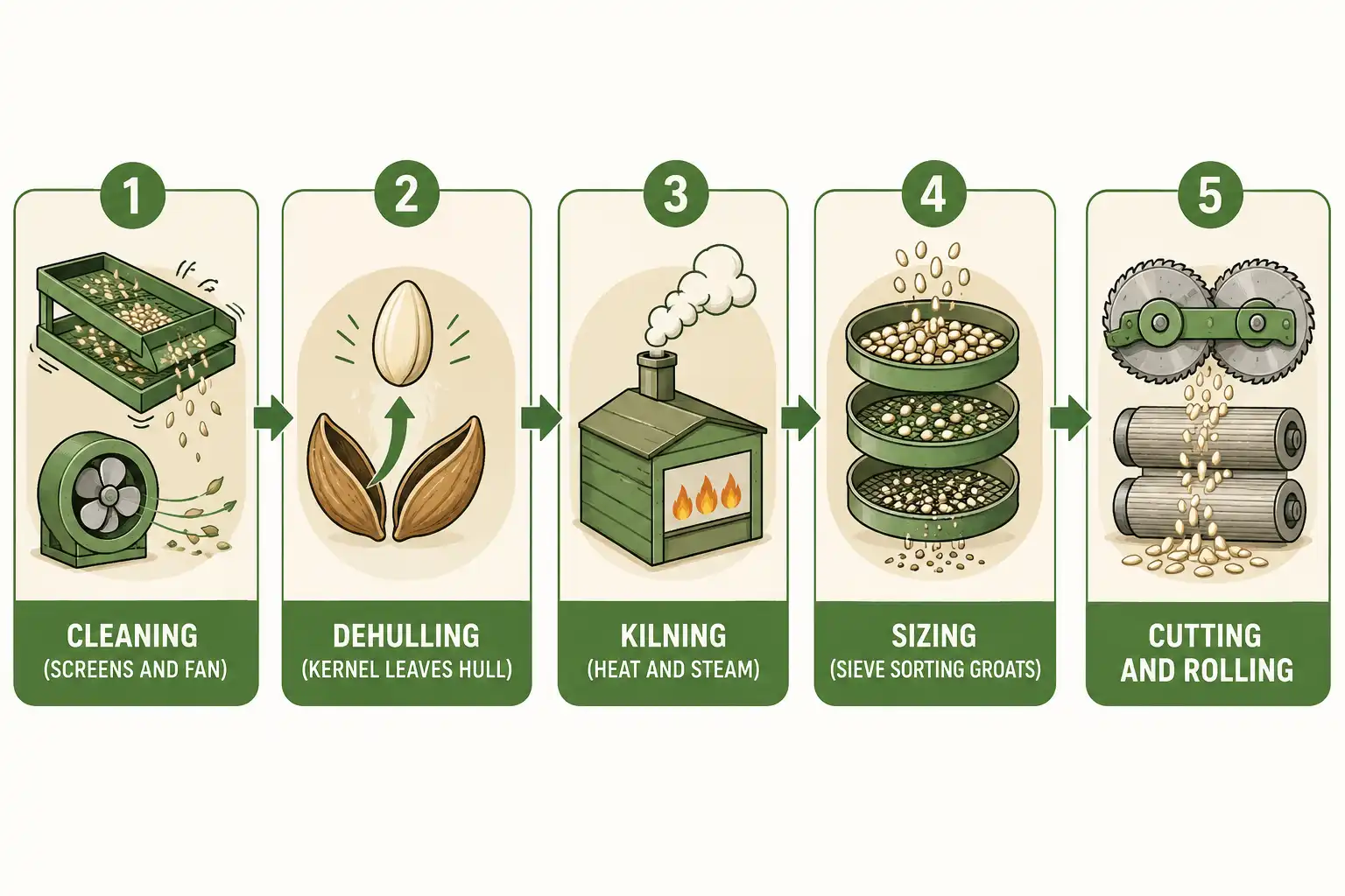 Five-step oat milling process flowchart about cleaning, dehulling, kilning, sizing, and cutting or rolling