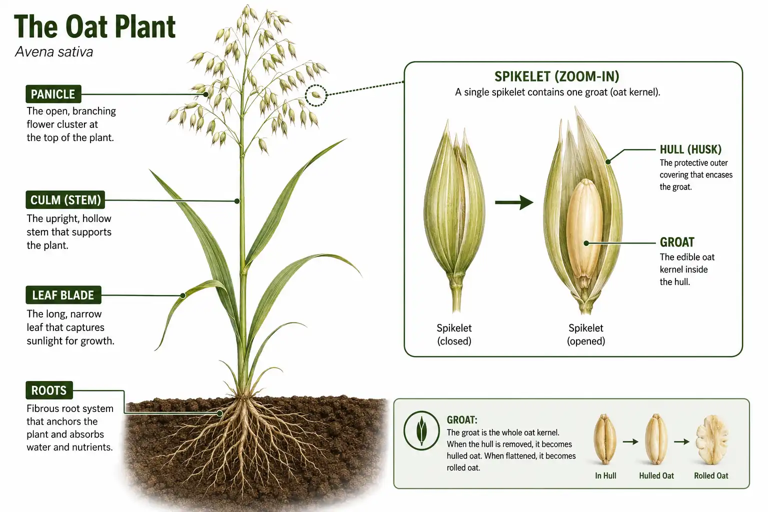 Labeled diagram of the oat plant about the panicle, hull, and groat that oats come from
