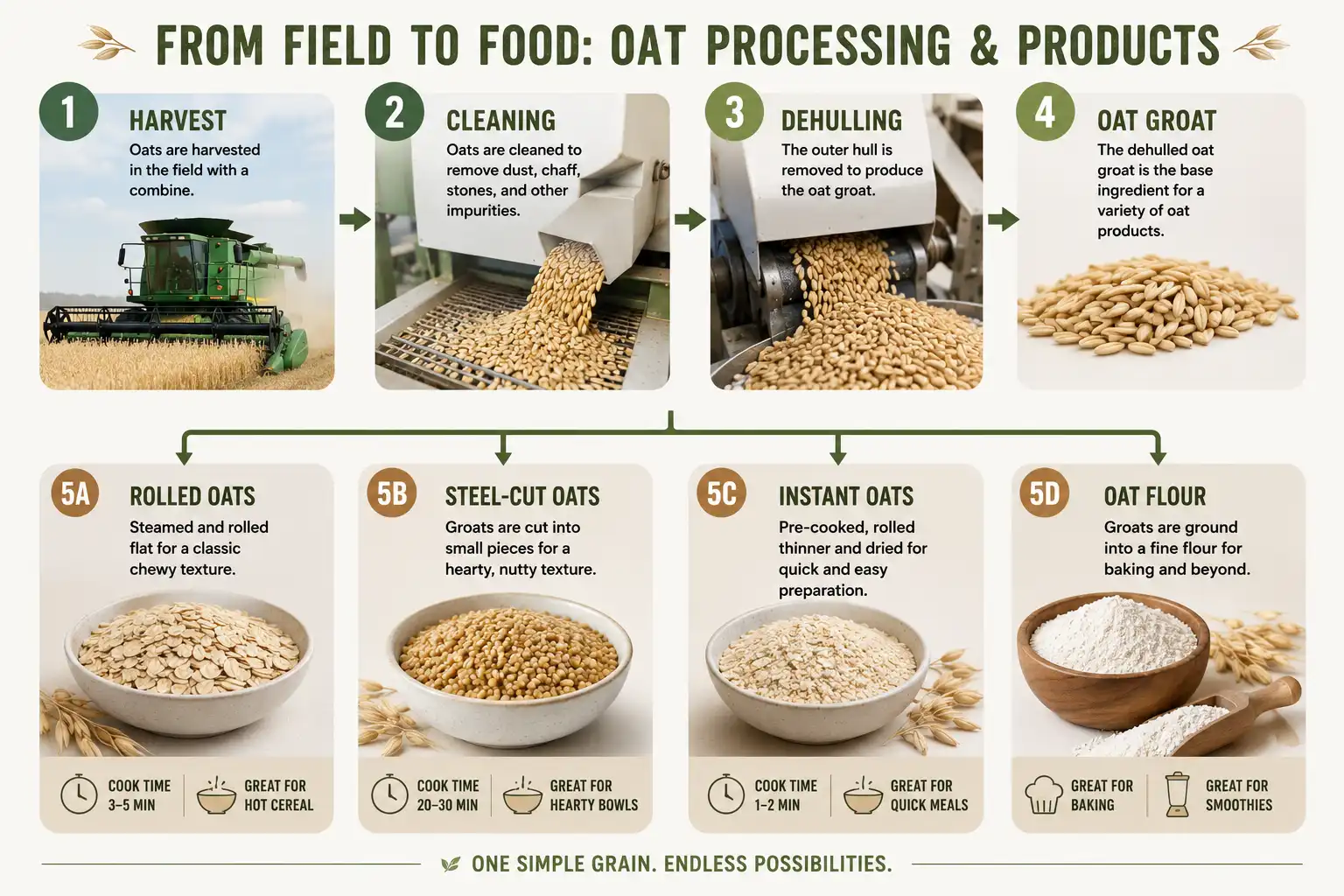 Infographic about how oats get from field to bowl, from harvest and dehulling to rolled, steel-cut, instant oats, and flour