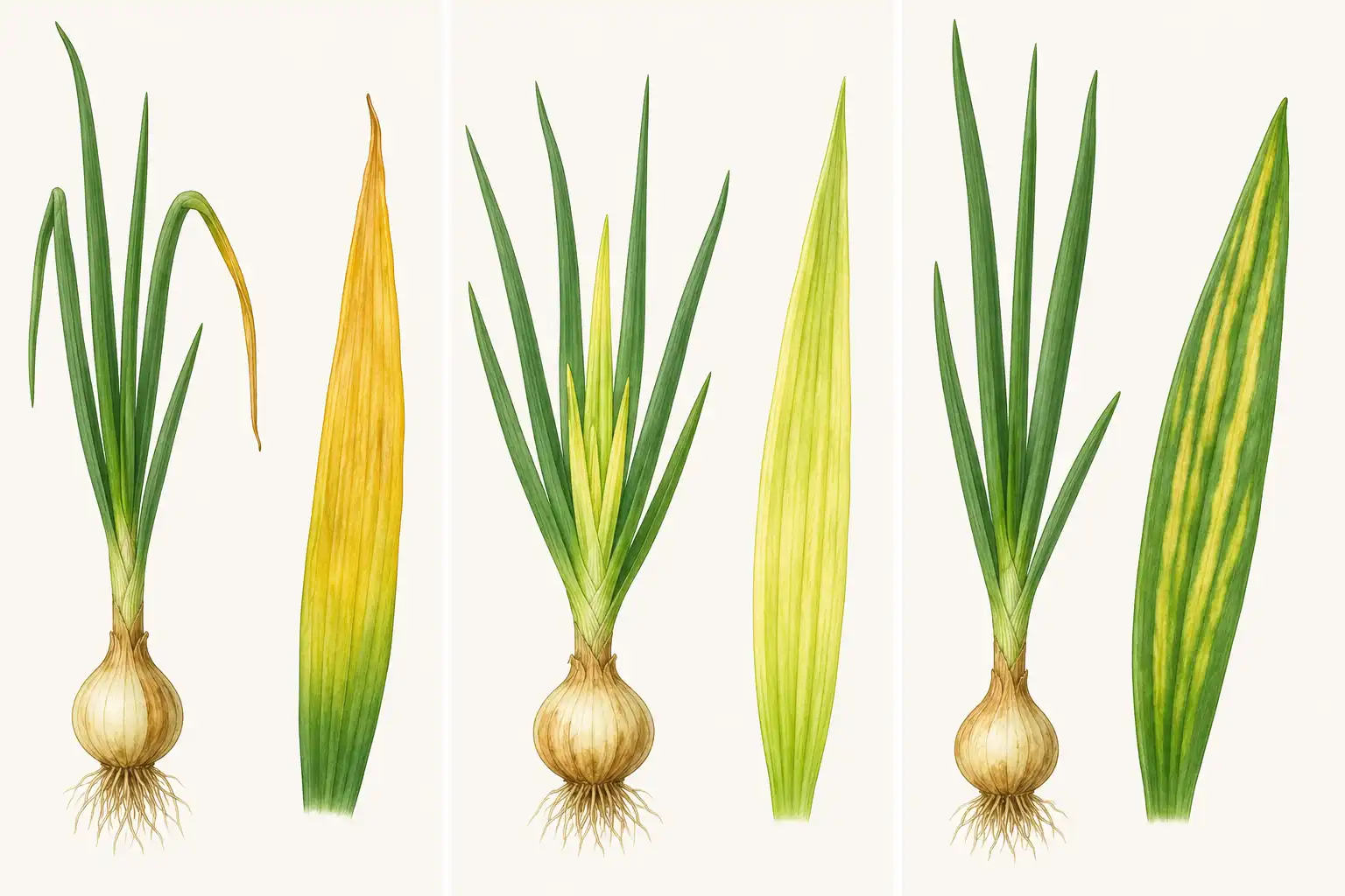 Three onion leaf samples comparing nitrogen deficiency, iron lockup, and magnesium interveinal chlorosis symptoms side by side.